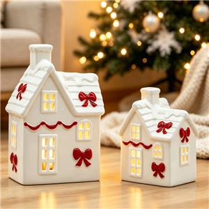 Cream Style Ceramic Christmas Cottage with Chimney Snow-Roof, Hollow Windows and Red Bow Decoration, Holiday Tabletop Ornament