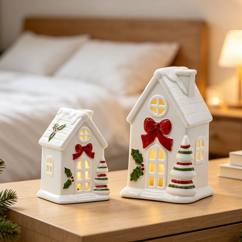 Ceramic Christmas House Decor Set - Oversized Red Bow, Holly Leaf & Red Green Striped Mini Tree Embellished Holiday Figurine Collection