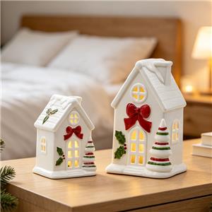 Ceramic Christmas House Decor Set - Oversized Red Bow, Holly Leaf & Red Green Striped Mini Tree Embellished Holiday Figurine Collection
