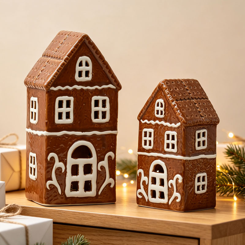 Ceramic Gingerbread House Figurines, Brown Houses with White Icing-Style Details, Festive Holiday Home Decor & Christmas Gift