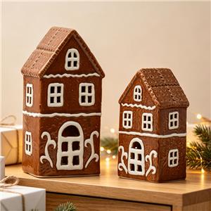 Ceramic Gingerbread House Figurines, Brown Houses with White Icing-Style Details, Festive Holiday Home Decor & Christmas Gift