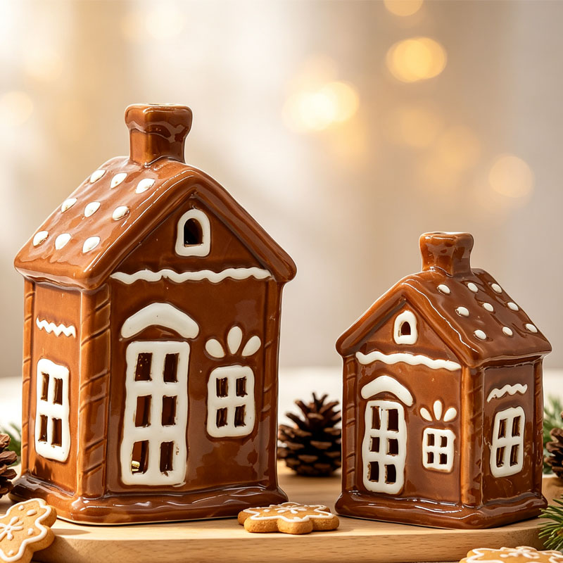 Cute White Polka Dot Roof Gingerbread House Shaped Hollow Ceramic Figurine, Christmas Cozy Tabletop Decoration