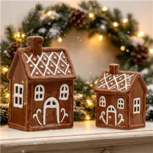 Glazed Gingerbread Ceramic Christmas House Decor Set - White Icing Piped Pattern Roof Holiday Figurine Collection