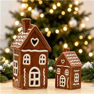 Brown Ceramic Gingerbread House Figurines with Heart & Wavy White Icing Details, Festive Holiday Home Decor & Christmas Gift