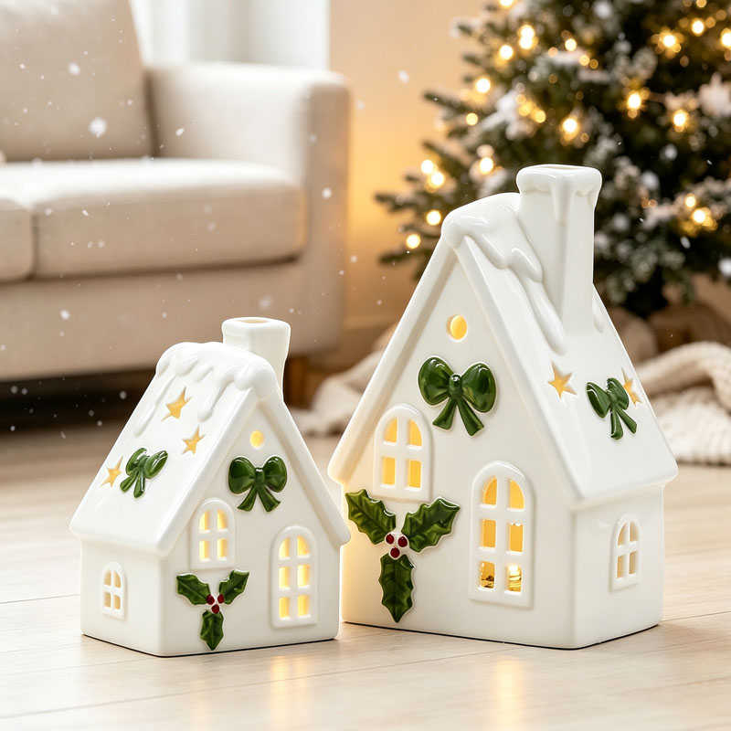 Green Bow Holly Snow-Roof Hollow Light-Up Ceramic Christmas Cottage, Holiday Tabletop Decoration