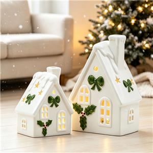 Green Bow Holly Snow-Roof Hollow Light-Up Ceramic Christmas Cottage, Holiday Tabletop Decoration