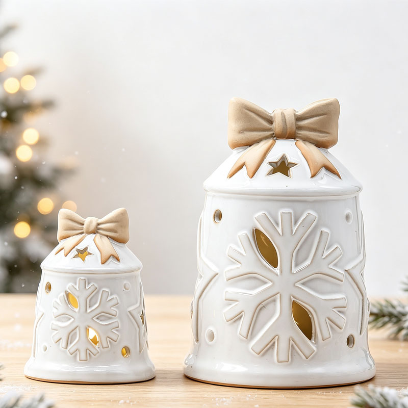 Glossy White Ceramic Christmas Bell Lantern, Embossed Snowflake Cutouts with Champagne Bow, Christmas Tabletop Home Decor & Holiday Gift