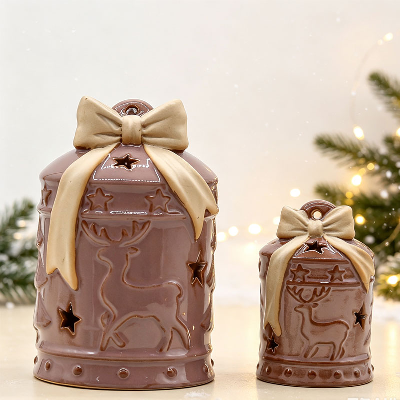 Brown Reindeer Star Hollow Bow Ceramic Bell-Shaped Figurine, Christmas Retro Atmosphere Decoration