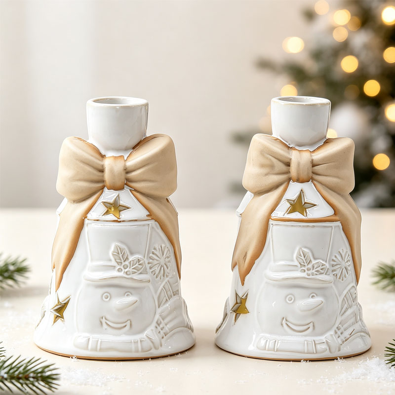 Cream White Ceramic Bell Candle Holder Ornament with 3D Beige Bow & Embossed Snowman, Soft Low-saturation Christmas Tabletop Decor Set