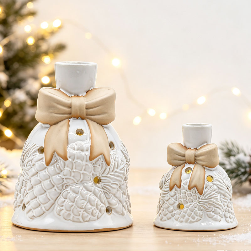 Cream White Ceramic Bell Candle Holder with 3D Beige Bow, Embossed Pinecone Cutout Christmas Tabletop Decor Set