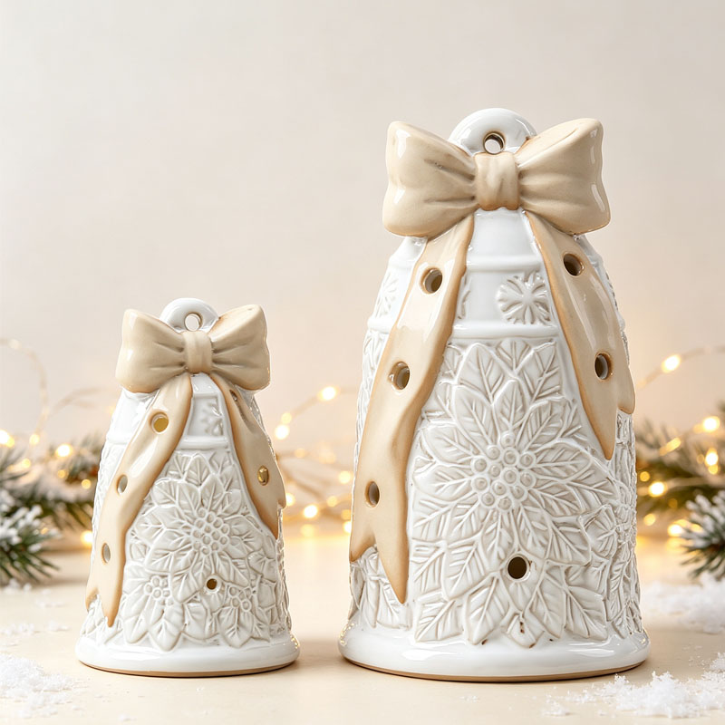 French Vintage White Ceramic Bell Ornament with Embossed Poinsettia | Cozy Home Décor Accent