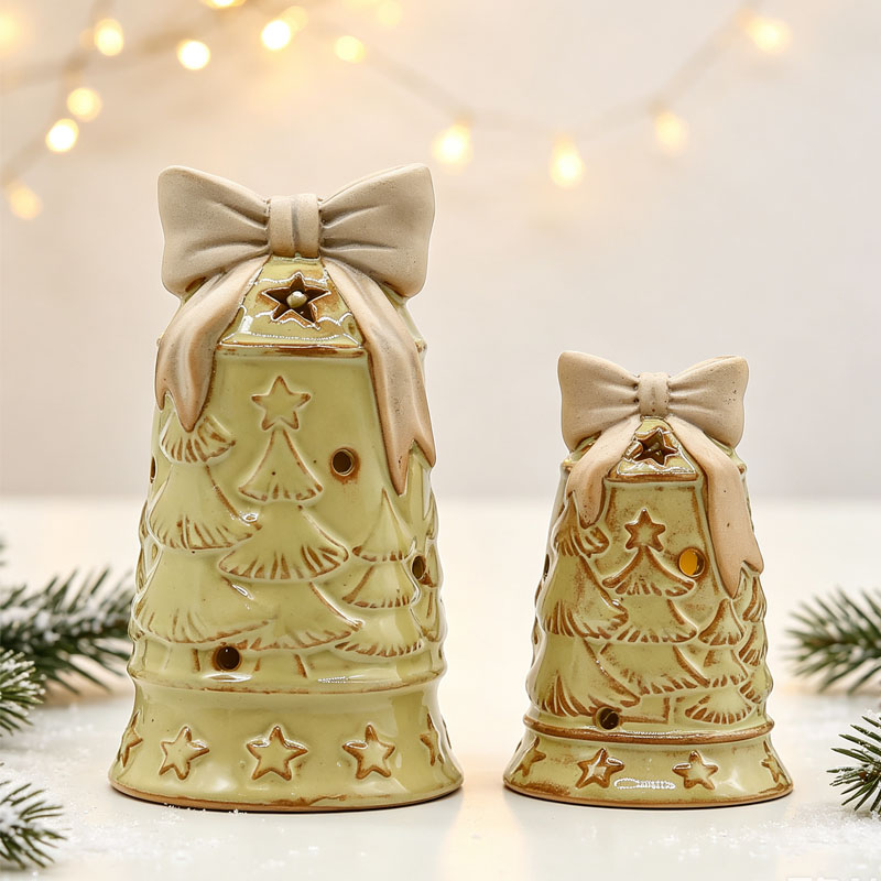 Distressed Cream Yellow Christmas Tree Bow Decorated Ceramic Figurine, Vintage Christmas Atmosphere Decoration