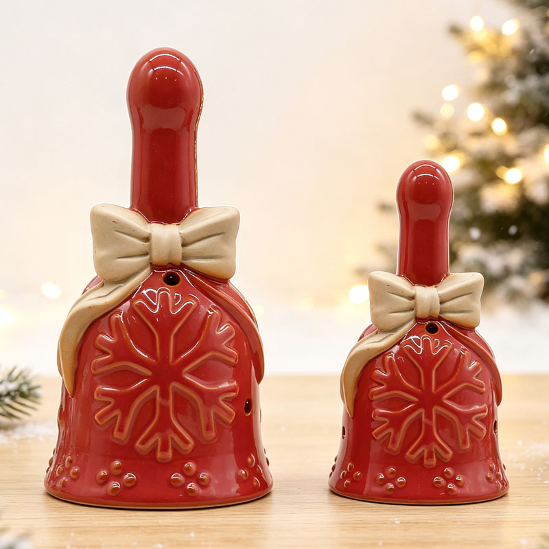 Glossy Red Ceramic Hand Bell Ornament with 3D Beige Bow & Embossed Snowflake, Christmas Tabletop Home Decor Set
