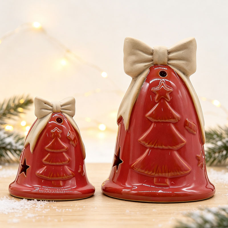 Vintage Red Ceramic Christmas Tree Relief Décor | Matte Beige Bow Accent | Holiday Gift Set for Favor & Gifting