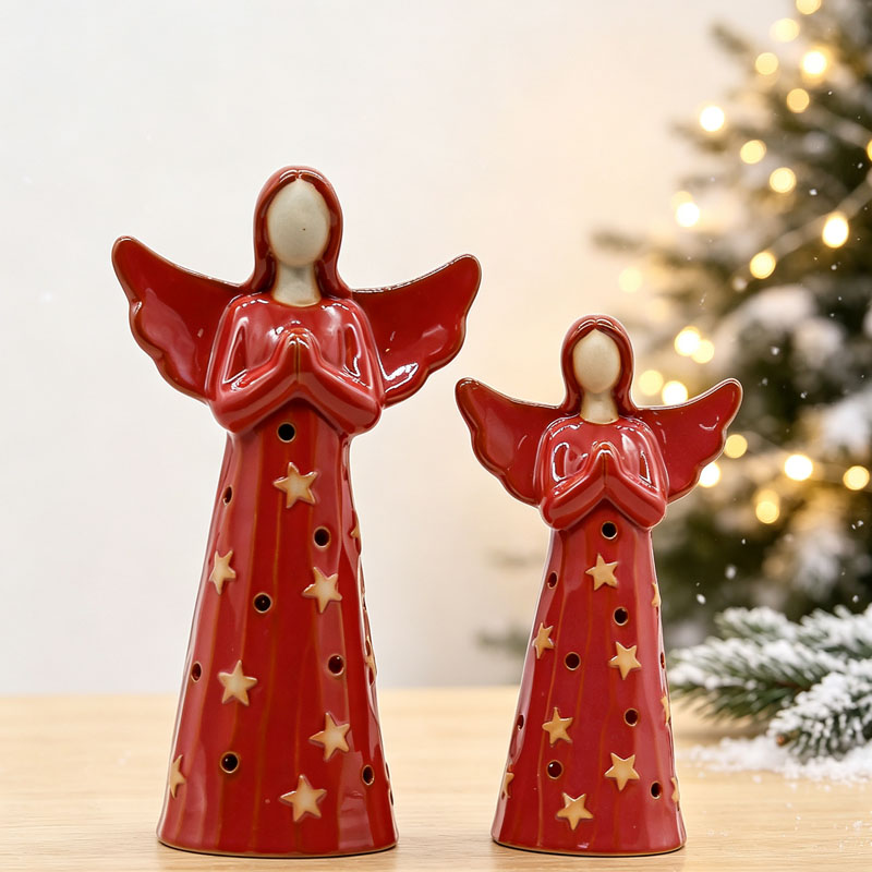Red Praying Angel with Yellow Star Polka Dot Hollow Decoration Ceramic Figurine, Christmas Holiday Atmosphere Decoration