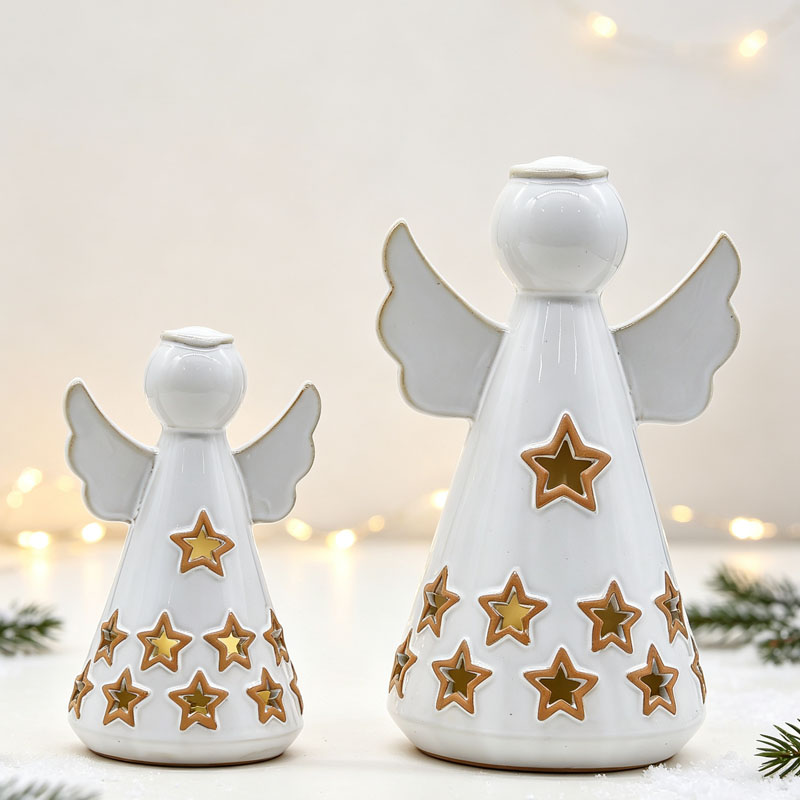 Glossy White Ceramic Angel Figurine with Yellow Rim Star Cutouts, Christmas Tabletop Decor Ornament Set