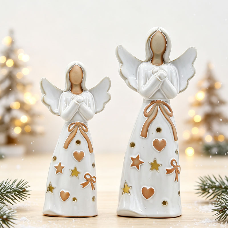 Matte Terracotta Beige Heart Star Bow Decorated Praying Angel, Christmas Warm Decorative Figurine