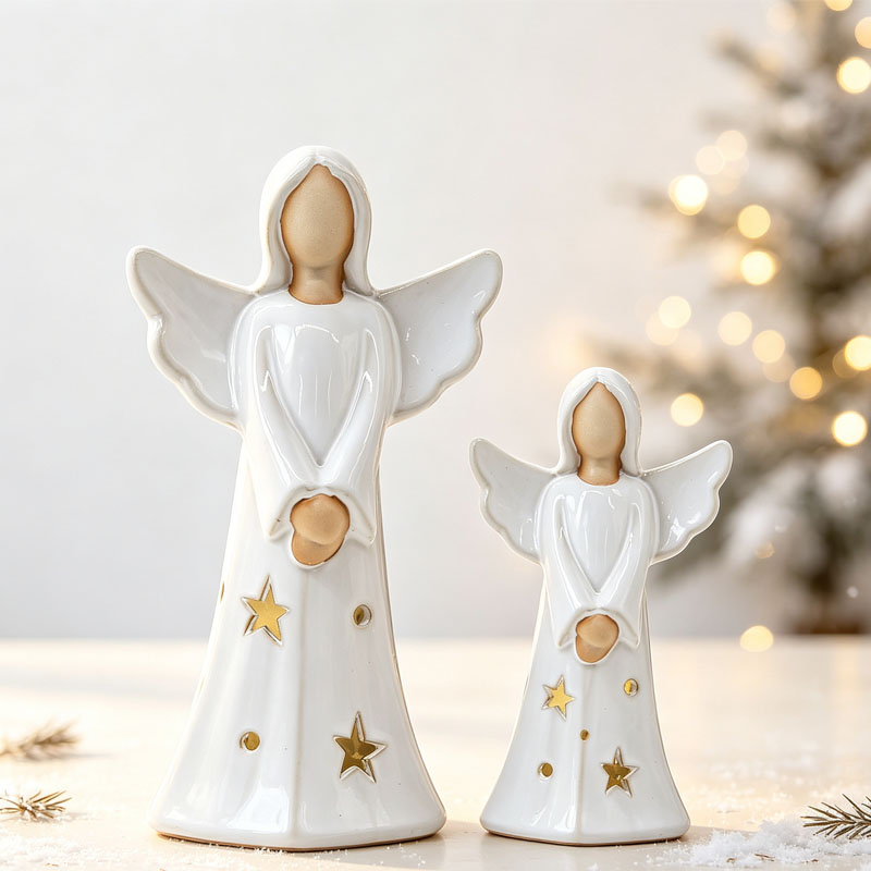 Glossy White Ceramic Faceless Angel Figurines with Gold Star Accent, Minimalist Christmas Holiday Decor Collection