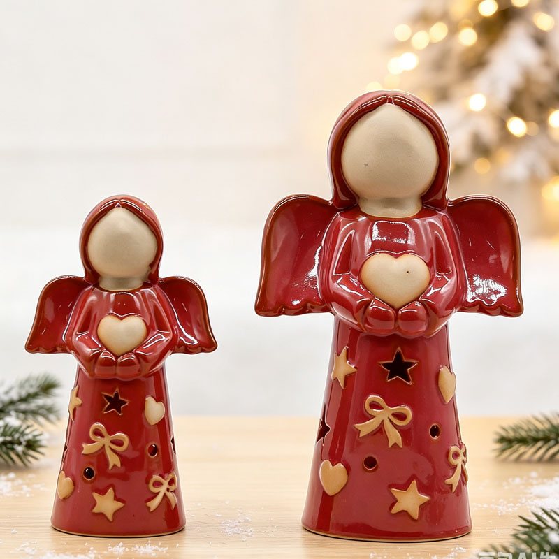 Glossy Red Ceramic Angel Figurine Holding Heart with Embossed Hearts, Stars & Bows, Christmas Tabletop Decor Ornament Set