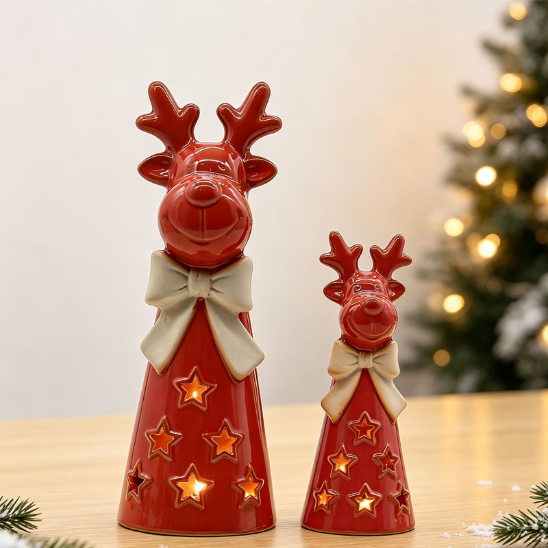 Cute Reindeer Ceramic Ornament with Starry Glow Cutout Design | Exquisite Holiday Party Favor
