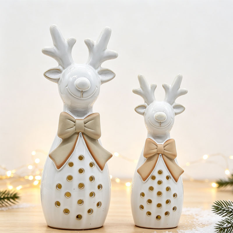 Smiling Reindeer with Nude Beige Bow Polka Dot Hollow Light-Up Ceramic Figurine, Christmas Warm Decoration