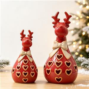 Retro Crimson Red Ceramic Christmas Reindeer Figurines, 3D Bow, Nude Beige Trim Hollow Heart Cutout Warm Glow Holiday Decor Collection