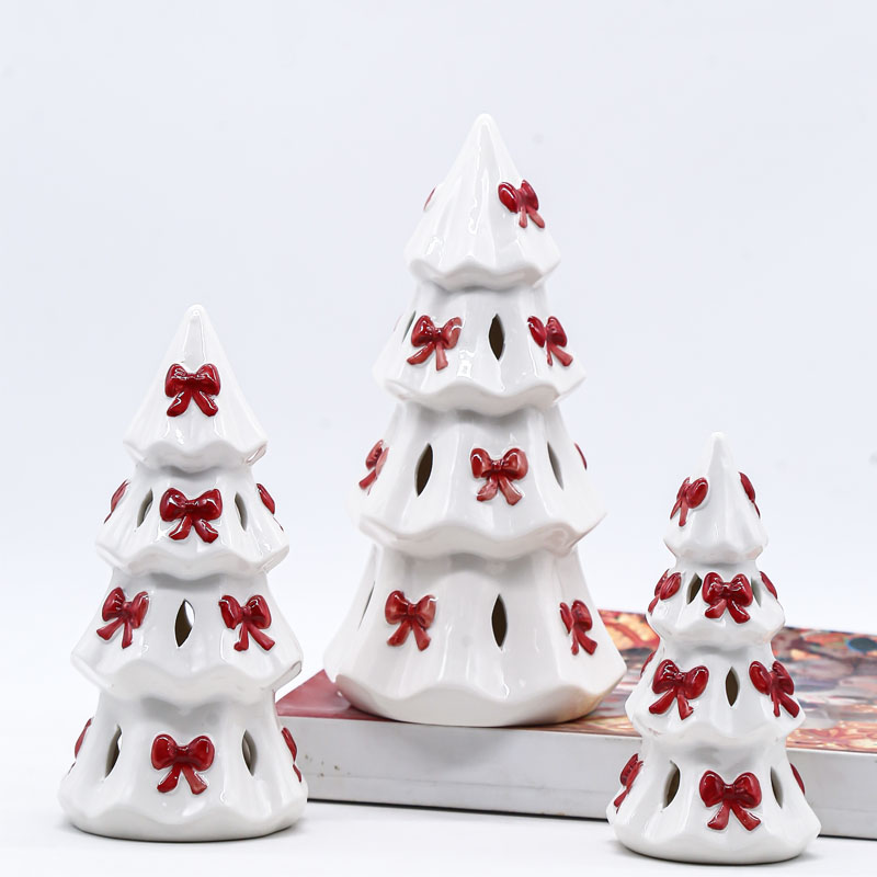 Glossy White Ceramic Christmas Tree Figurine with Red Bow Decor & Hollow Cutouts, Holiday Tabletop Decor Set