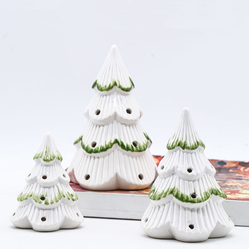 White Ribbed Ceramic Christmas Tree Ornament | Green Layered Edge Accent Design | Winter Holiday Tabletop Decor