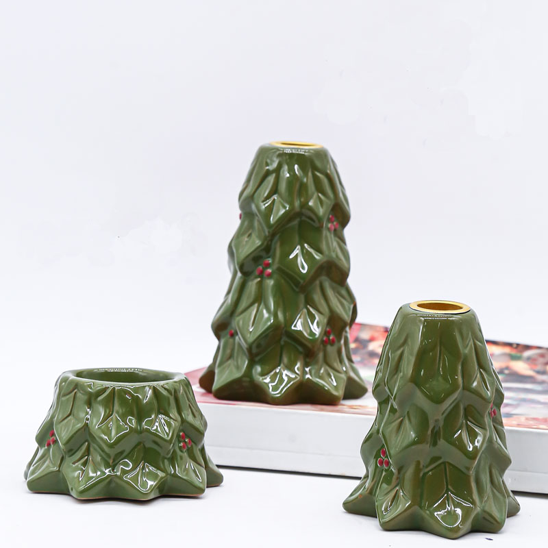 Olive Green Ceramic Christmas Tree Candle Holder with Embossed Holly Leaves & Red Berry Accents, Christmas Tabletop Decor Set