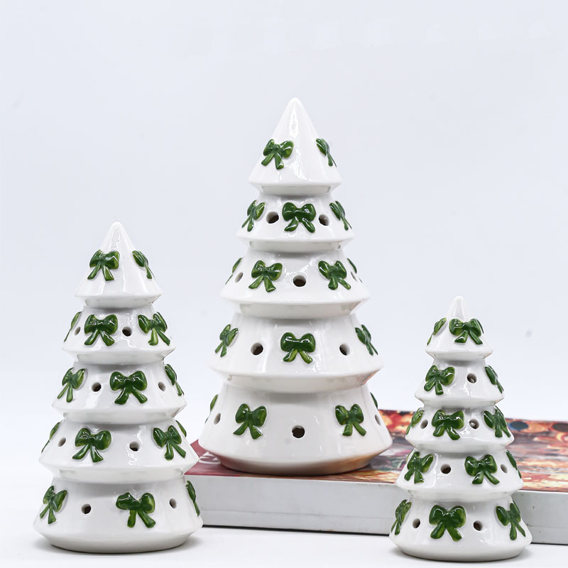 White Ceramic Christmas Tree Candle Holder | Fresh Green Bow Accents | Holiday Tabletop Decor