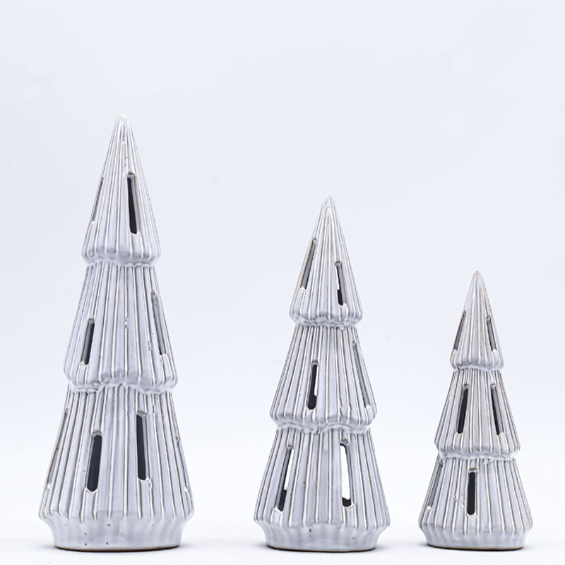 Washed Off-White Distressed Ceramic Christmas Tree Figurines, Vertical Ribbed Texture, Slit Hollow Cutout Warm Glow Holiday Decor Collection