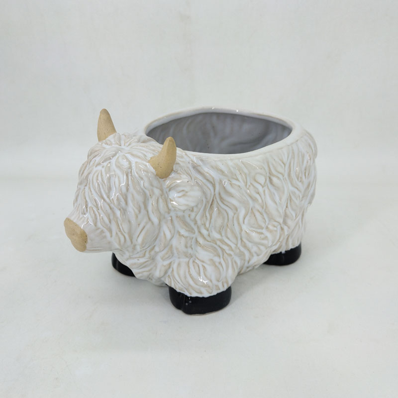 Textured Ceramic Highland Cow Planter Ornament | Cute Animal Desk Decor | Glossy White Vintage Bull Container