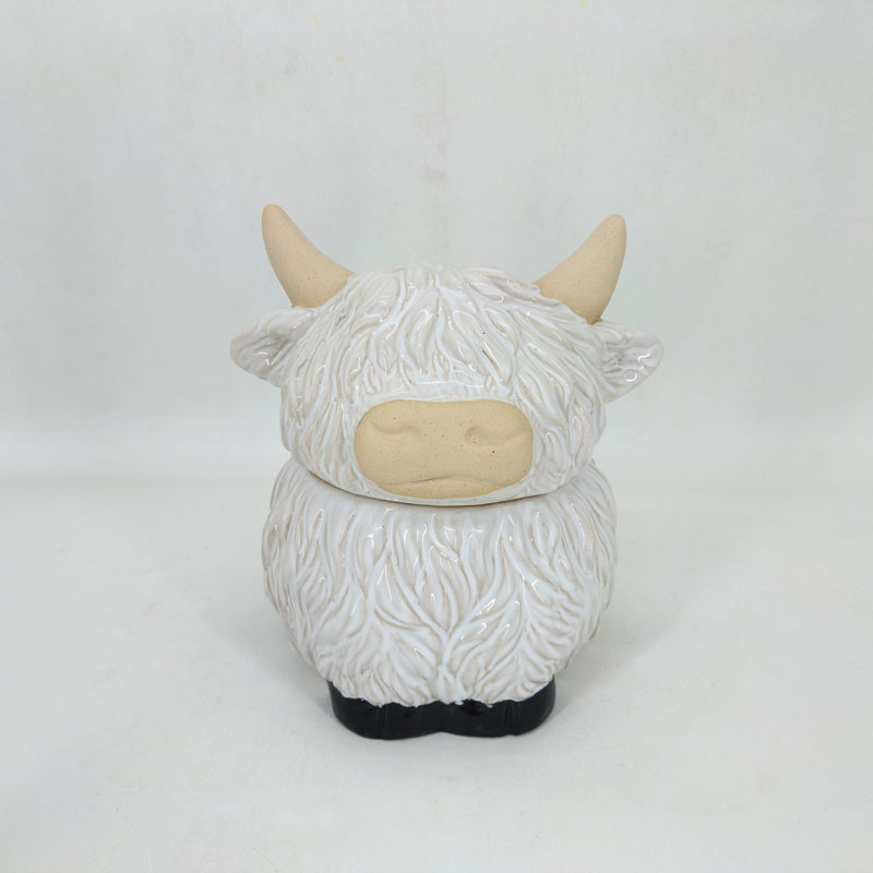Highland Long-Haired Cow Ceramic Figurine with Embossed Fur Texture