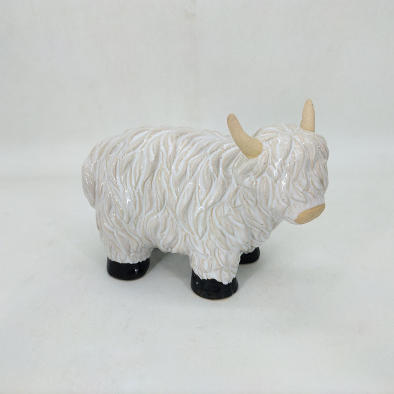 Textured White Ceramic Highland Cow Figurine with Black Hooves, Farmhouse Tabletop Home Decor Ornament