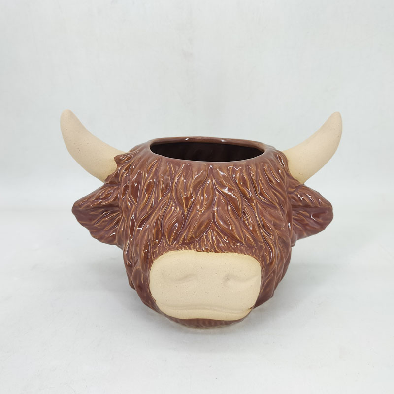 Glossy Brown Glaze Ceramic Highland Cow Head Planter, Textured Flowing Fur Relief, Cute Farmhouse Style Succulent Plant Pot