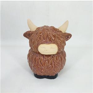 Cute Farmhouse Style Glossy Brown Glaze Ceramic Standing Highland Cow, Textured Flowing Fur Relief, Fun Whimsical Kitchen Countertop Decor Piece