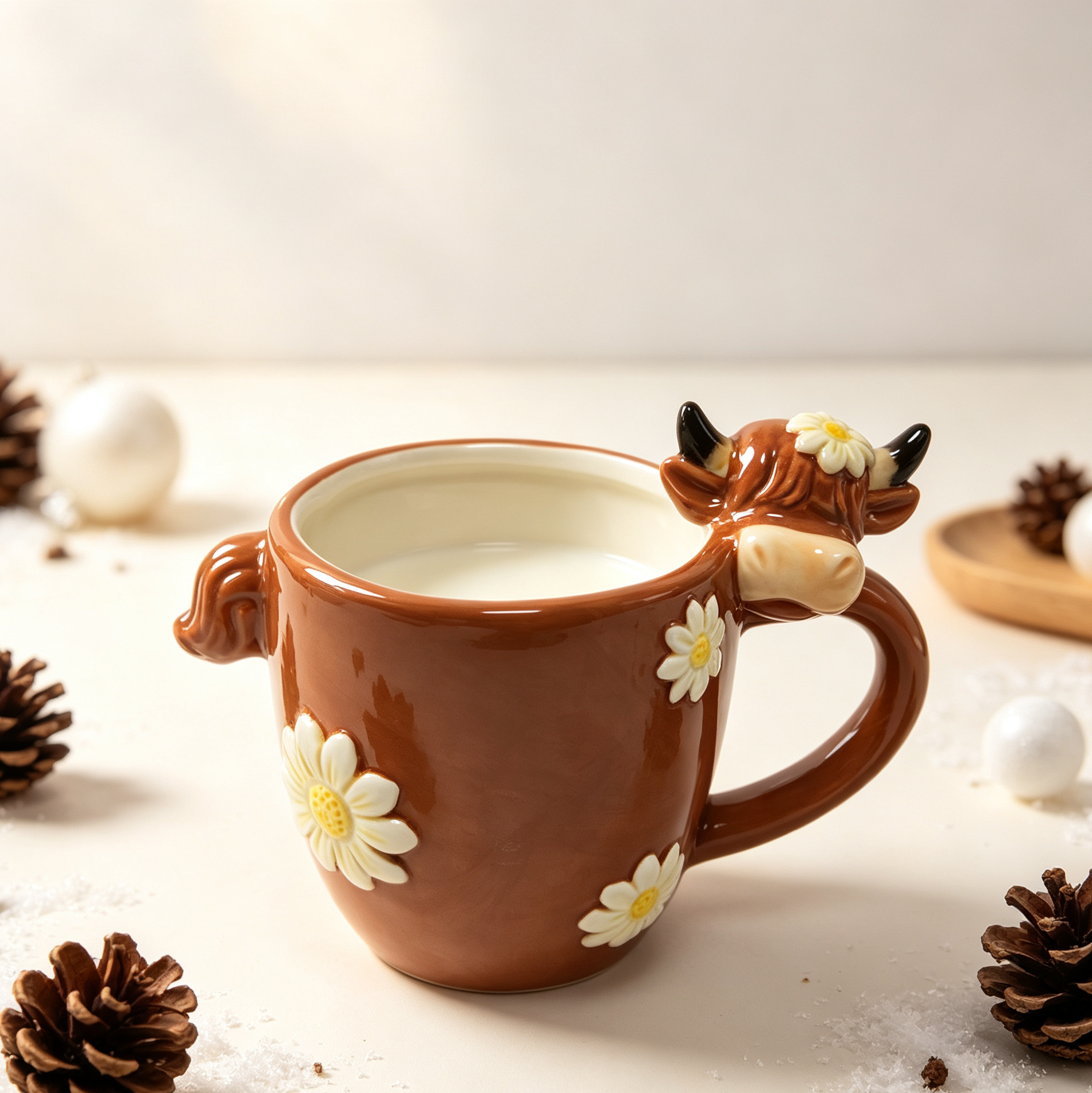 Brown Ceramic Highland Cow Mug with Embossed Daisies, 3D Highland Cow Handle Sculpted Coffee Cup, Farmhouse Floral Drinkware 中文翻译