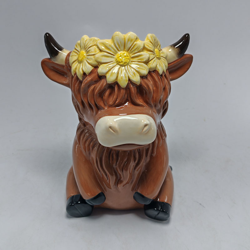 Ceramic Sitting Highland Cow Figurine Decorated with Daisy Flower Crown, Cottagecore Farmhouse Style