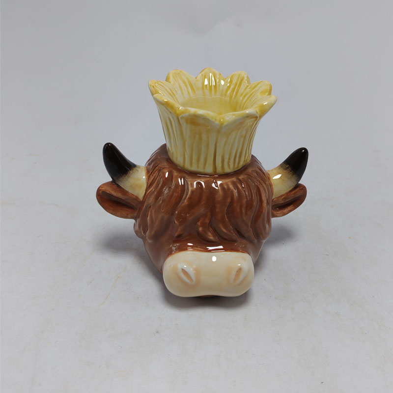 Highland Cow Ceramic Tealight Holder / Small Flower Cup | Glossy Brown Glaze & Textured Fur | Floral Crown Accent | Cute Tabletop Decor