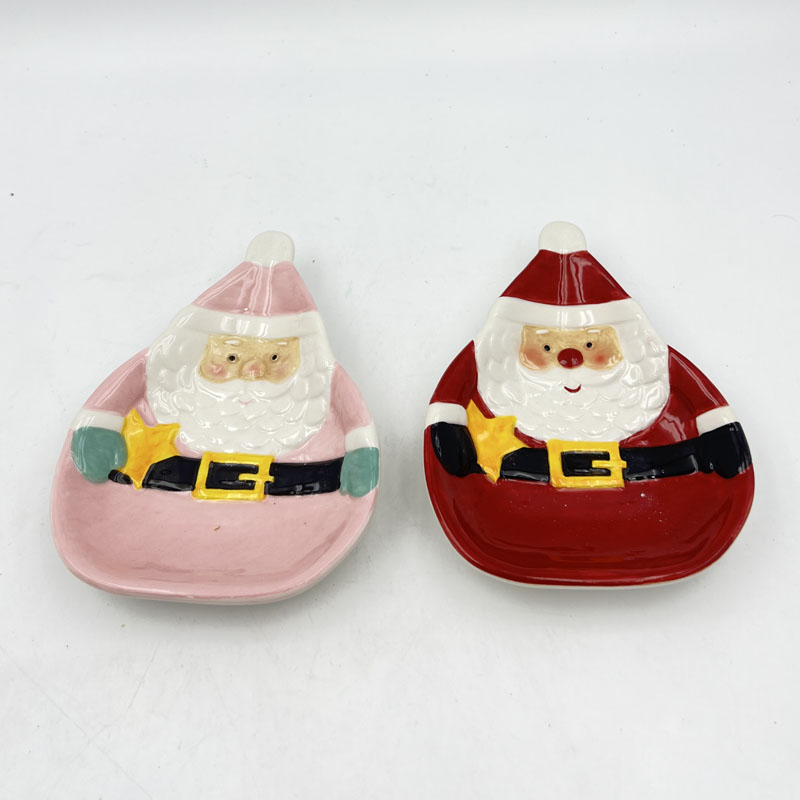3D Embossed Santa Claus Ceramic Trinket Dish, Hand-Painted Christmas Decor Jewelry Tray, Red & Pink Xmas Small Snack Plate