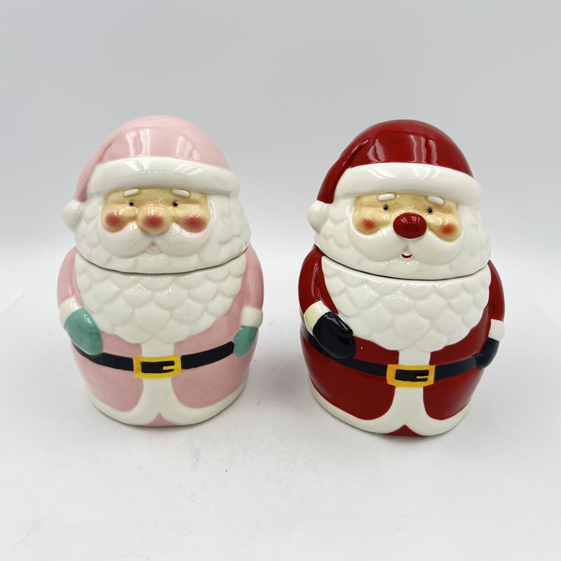 Santa Claus Ceramic Storage Jar with Lid | Classic Red & Pink Color Options | Round Chubby Figurine | Holiday Tabletop Organizer