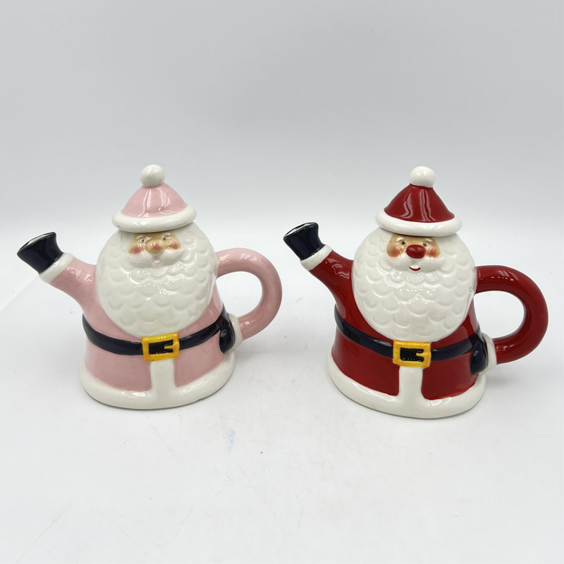Glossy Ceramic Santa Claus Teapot Decor Set, Soft Mist Pink & Classic Christmas Red Two Color Options, Fun Creative Festive Tabletop Ornament