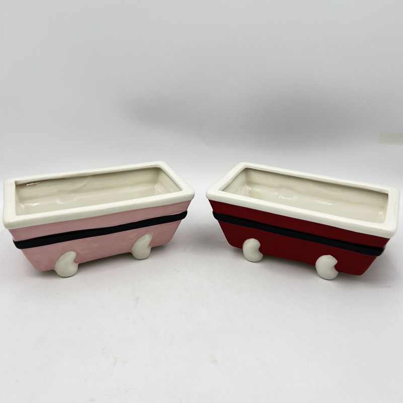 Christmas Sleigh Shaped Rectangular Ceramic Planter, Two-Tone Footed Succulent Pot