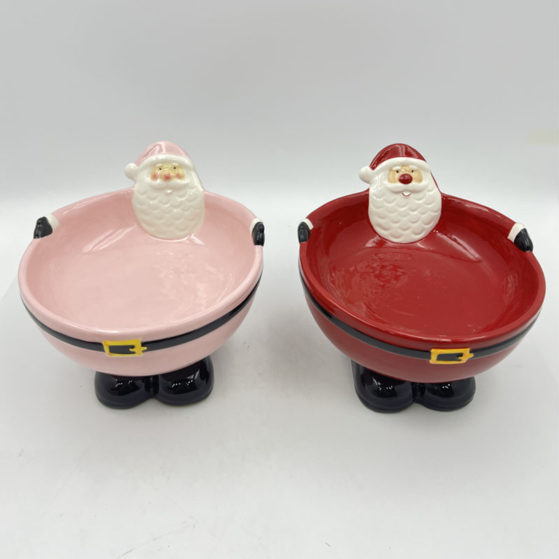 3D Embossed Santa Claus Hugging Footed Ceramic Candy Bowl, Hand-Painted Christmas Snack Serving Bowl, Classic Red & Sweet Pink Christmas Table Decor