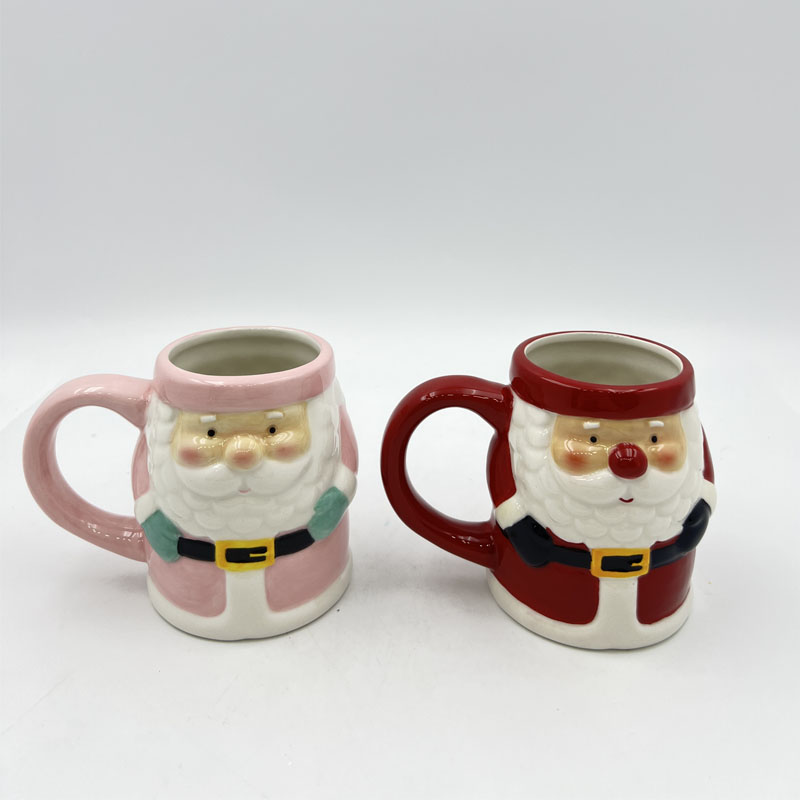 3D Embossed Glossy Santa Ceramic Mug with Curved Handle, Soft Pink & Classic Red Christmas Couple Coffee Cups, Holiday Gift Pair Mugs