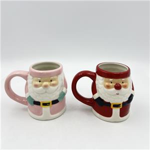 3D Embossed Glossy Santa Ceramic Mug with Curved Handle, Soft Pink & Classic Red Christmas Couple Coffee Cups, Holiday Gift Pair Mugs