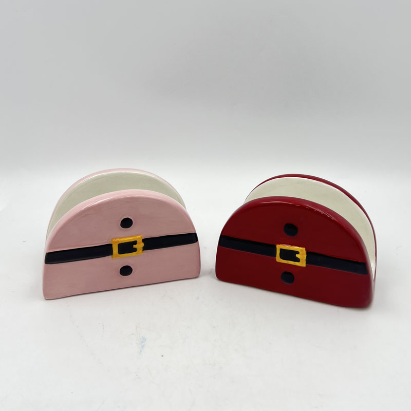 Santa Belt Shaped Ceramic Napkin Holder, Semi-Circular Upright Tissue Rack (Pink / Red)