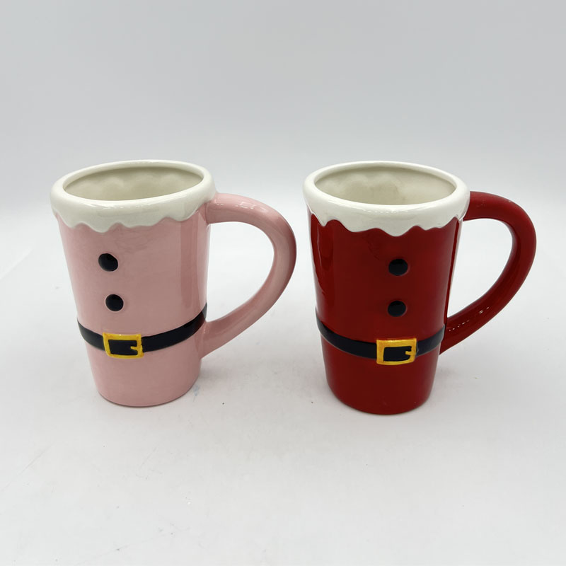 Santa Suit Ceramic Mug | White Snowy Rim Accent | Button & Belt Buckle Design | Holiday Couple Coffee Cup