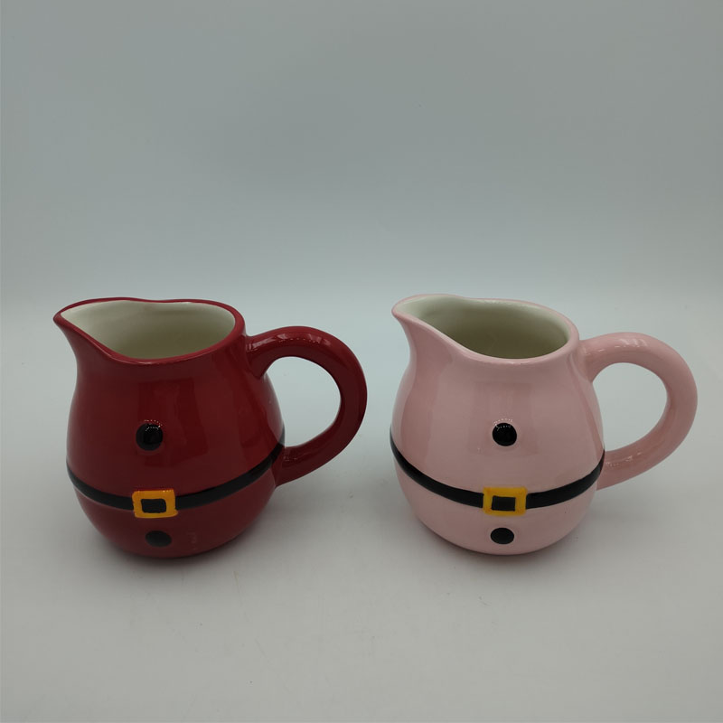 Santa Belt Shaped Ceramic Creamer Pitcher, Christmas Theme Milk Jug (Pink / Red)