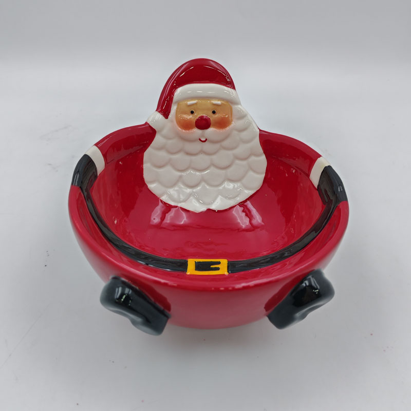3D Embossed Santa Claus Footed Ceramic Candy Bowl, Hand-Painted Christmas Snack Serving Bowl, Classic Red Festive Table Decor